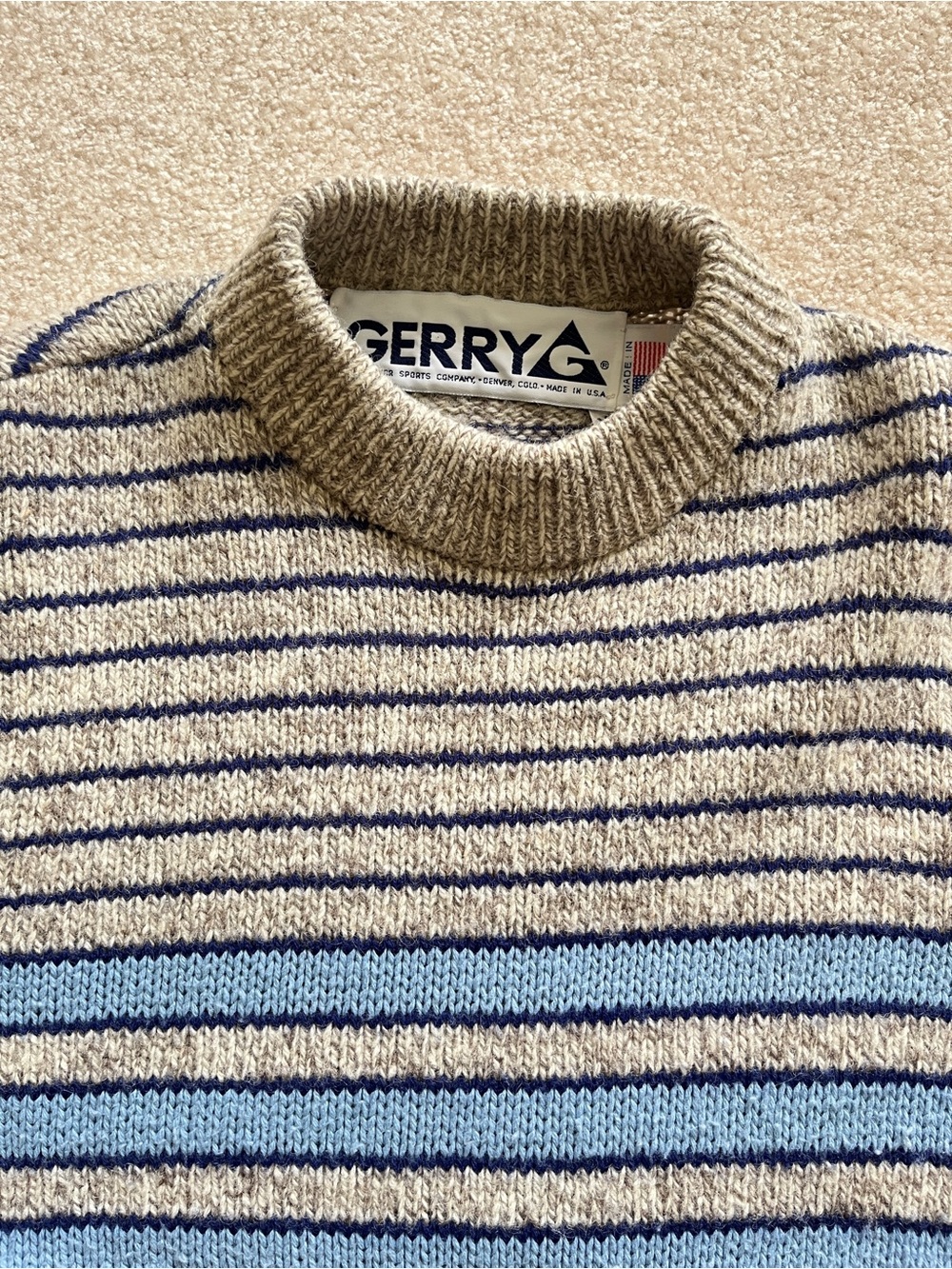 Vintage Striped Wool Sweater, Blue, Grey, USA Gerry Outerwear, XS, 80s Knit